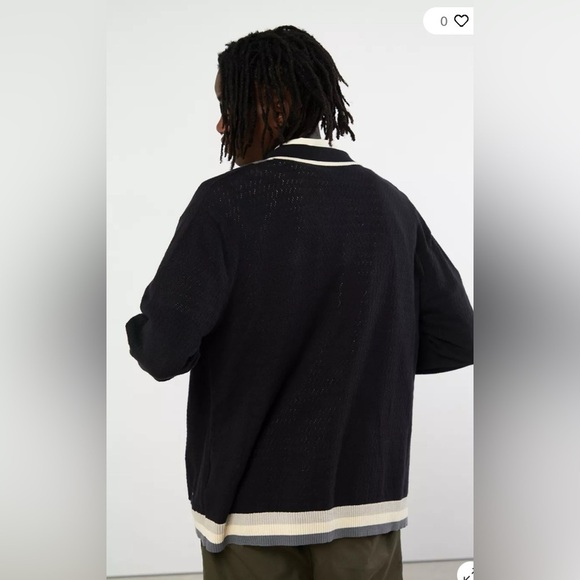 Urban Outfitters Men’s Button-Down Polo Sweater Size L Black Grey Cream Cotton - Picture 4 of 14